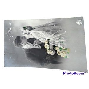 Real Photo Postcard Vintage 1919 RPPC Wedding Kiss Marriage Couple Small Art